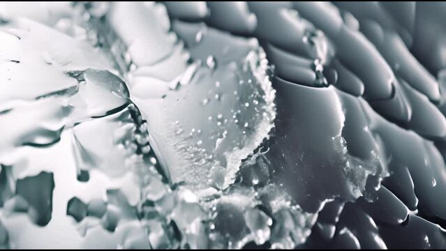 A cracked sheet of ice, pieces of ice turning into liquid, a moving background. Generative AI.
​