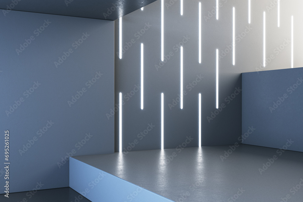 Poster clean gray concrete interior with podium and linear lamps on wall. 3d rendering.