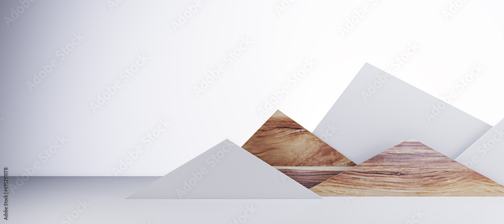 Poster Creative decorative triangular mountain background with wide mock up space. Wooden and white elements. 3D Rendering.