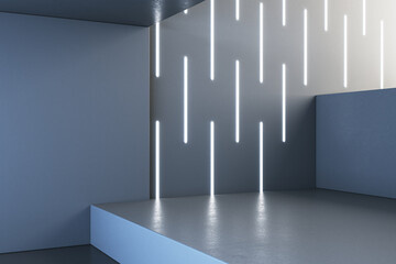 Clean gray concrete interior with podium and linear lamps on wall. 3D Rendering.