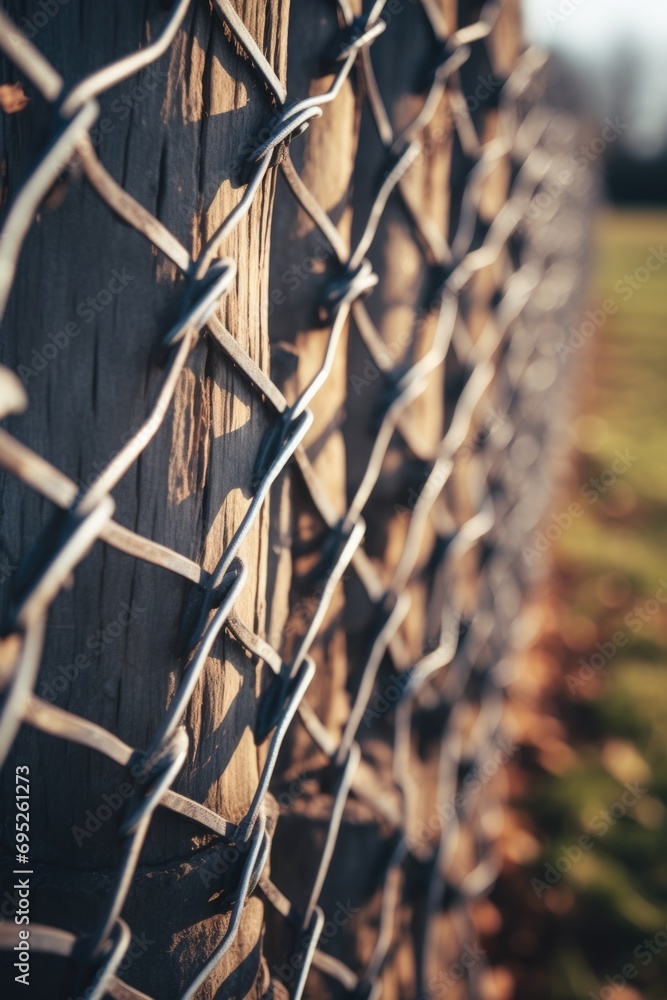 Poster a detailed view of a chain link fence. can be used to depict security, boundaries, or urban environm