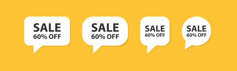 Sale 60% off in the speech bubble. Discount in the shop. Special proposition. Good percentage sticker. Marketing promotion. Product label.