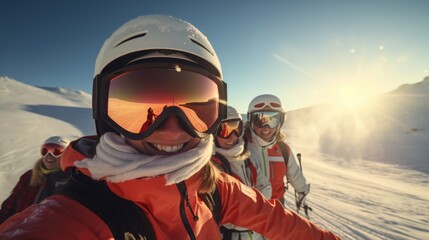 A picture showing a group of people wearing skis and goggles. This image can be used to depict a...