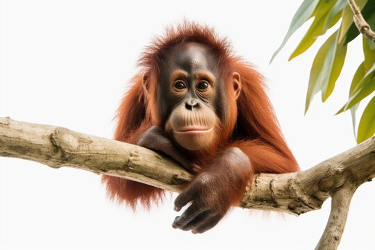 A young orangutan sitting on top of a tree branch. This image can be used to depict wildlife, nature, or conservation themes