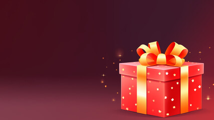 Banner with empty space for text. Web design with new year christmas gift. High resolution. For printing and social media. Festive Backdrop background for cards and printing. Red color cartoon style