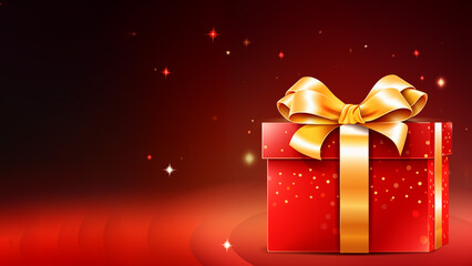 Banner with empty space for text. Web design with new year christmas gift. High resolution. For printing and social media. Festive Backdrop background for cards and printing. Red color cartoon style