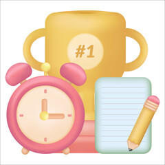 Notebook, pencil, trophy and alarm clock icon for Education and online class concept. School vector element.