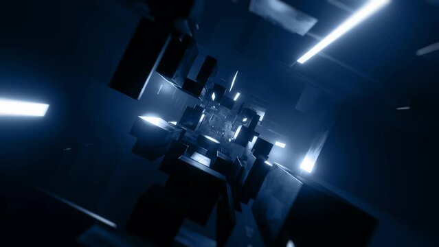 abstract tunnel animation backgroud, blue metallic lights, seamless VJ loop