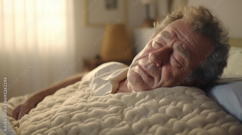 Poster a man lying in bed with his eyes closed. suitable for sleep-related concepts and relaxation themes