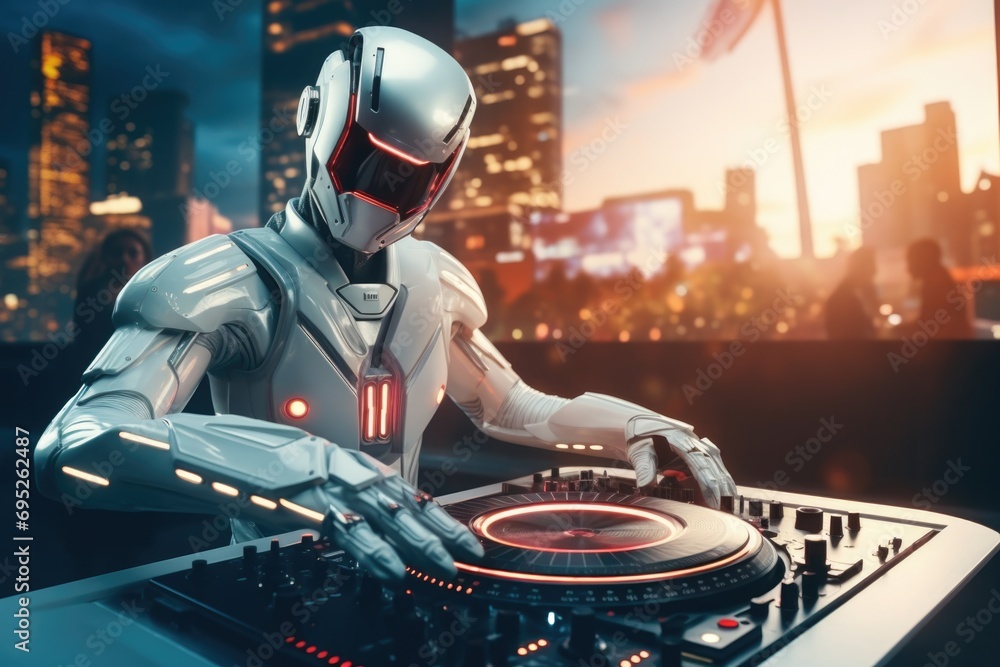 Aufkleber a robot dj is seen in action, playing music on a turntable. this image can be used to illustrate tec