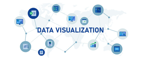 Data visualization metrics analytics visualization concept banner header connected icon set symbol illustration