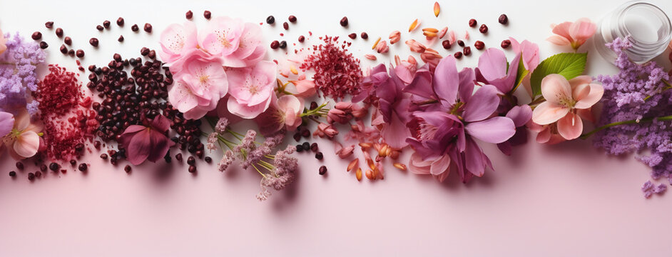 Cosmetics banner image with colorful pink flowers 