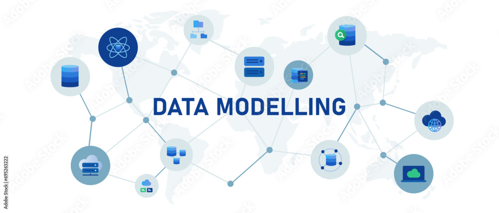Poster data modelling database model concept banner header connected icon set symbol illustration