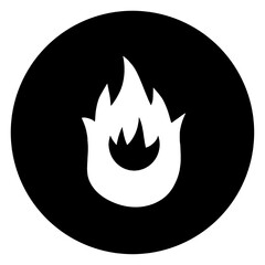 white fire icon button on black circle isolated on transparent background vector illustration. concept of hot deal, hot item, flame, danger, burn, risk, heat, hot surface