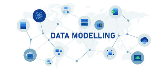 Data modelling database model concept banner header connected icon set symbol illustration