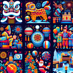 Cultural Festivities Montage:
An artistic montage showcasing a tapestry of cultural festivities during New Year's celebrations, blending diverse traditions and vibrant colors.
