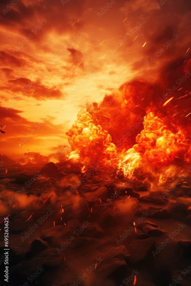 Poster A captivating image capturing a large explosion of red and orange smoke in the sky. Perfect for adding a dramatic and fiery touch to any project or design