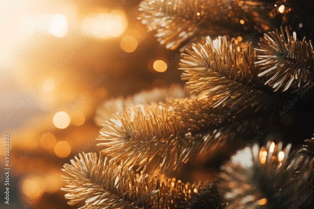 Poster a detailed view of a christmas tree with colorful lights in the background. perfect for holiday-them