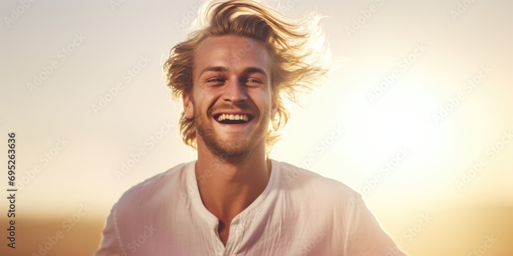 Poster a man with long hair smiling at the camera. suitable for various uses