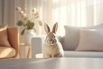 A rabbit sitting on a table in a cozy living room. This image can be used to depict a pet rabbit or to add a touch of nature to interior design projects