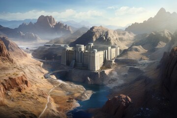 Dam construction aerial view. Engineering hydroelectric building on mountain peak. Generate ai
