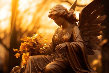 Golden angel statue in a cemetery in a sunny day - obrazy, fototapety, plakaty
