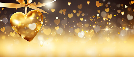 Transparent heart glass hanging by gold ribbon with gold glitter confetti. Valentines day background.