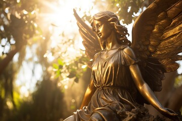 Golden angel statue in a cemetery in a sunny day