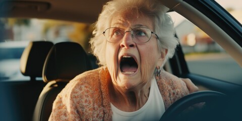 An intense image of an elderly woman screaming while driving. This image can be used to depict fear, road rage, or a stressful situation on the road