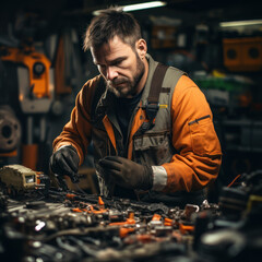 Technician Hands of car mechanic working repair in auto repair Service electric check the electrical system inside the car