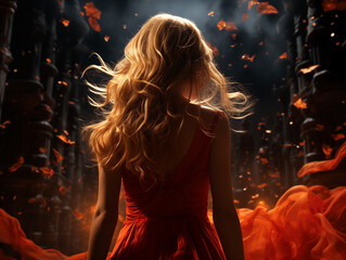 Beautiful girl from behind in a red dress, against the backdrop of a starry futorialistic world