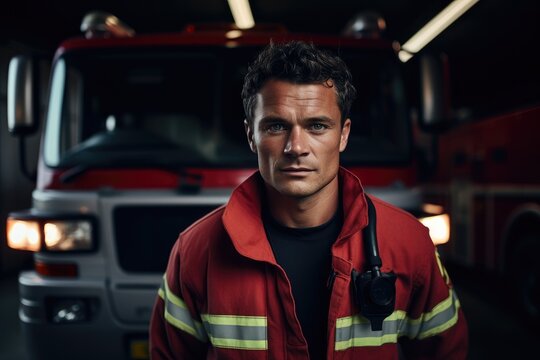 A serious paramedic in uniform, standing near an ambulance, ready for emergency rescue services.