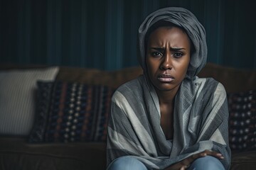 In despair, a crying black woman, adorned with a headscarf, expresses profound suffering and loneliness.