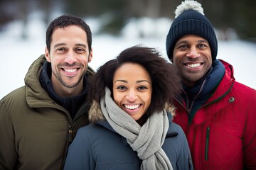 In a festive winter portrait, a diverse group laughs and walks together in the snowy park.