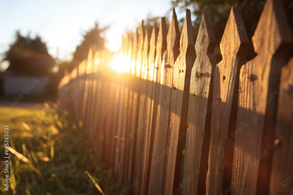 Poster a beautiful sunset behind a rustic wooden fence. perfect for adding a warm and cozy touch to any des