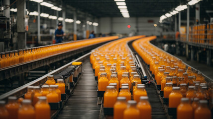 Conveyor belt with bottles of orange juice at a modern factory