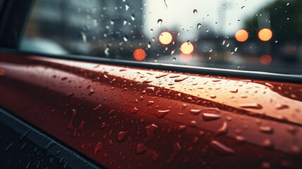 Close-up view of raindrops on a car window. Perfect for illustrating a rainy day or the feeling of being cozy inside a car during a storm