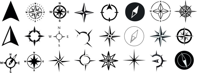 Compass icons collection, vector illustration. Black and white navigation symbols for orienteering, exploration, travel themes. cartography materials. Includes traditional compass designs 