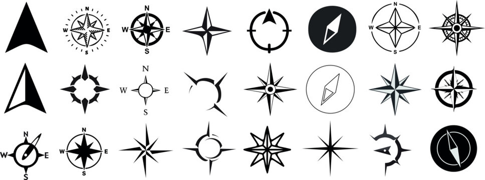 Compass icons collection, vector illustration. Black and white navigation symbols for orienteering, exploration, travel themes. cartography materials. Includes traditional compass designs 