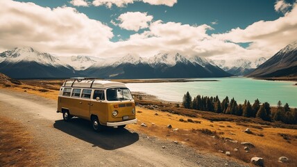 vintage style camper van travelling off road in a beautiful location on a sunny day AI generated - obrazy, fototapety, plakaty