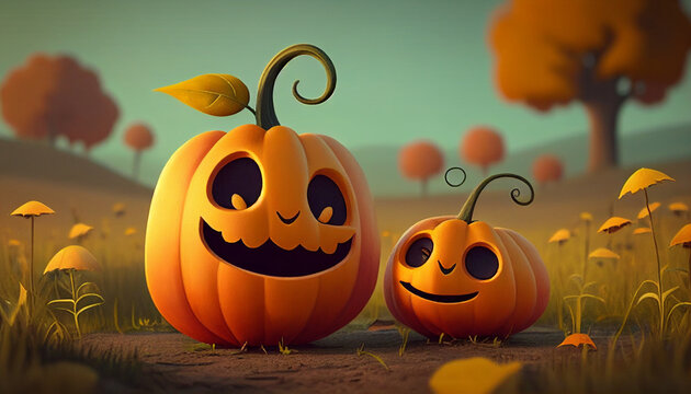 halloween pumpkin on a pumpkin, Cheerful Pumpkin Pals Happy-Faced Pumpkins on a Serene Rural Landscape, Halloween holiday, Ai generated image