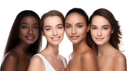 Women's facial skin care concept different nationalities To look beautiful according to age on a white background. - obrazy, fototapety, plakaty