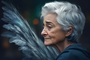 Elderly silver haired woman on plumage background. Mature senior lady portrait with wings backdrop. Generate ai