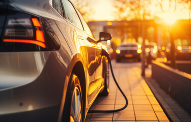 Close up electric car is charging the battery at the ev charging station