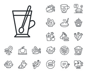 Fresh beverage sign. Crepe, sweet popcorn and salad outline icons. Cup with spoon line icon. Latte or Coffee symbol. Tea mug line sign. Pasta spaghetti, fresh juice icon. Supply chain. Vector