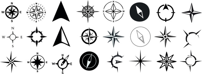 nautical compass navigation icons set. Perfect for marine, sailing, travel themes. 24 black symbols isolated on white background. From simple arrows to complex geometric patterns, find your direction - obrazy, fototapety, plakaty