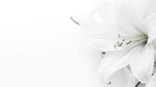 Background of many snow-white lilies. Spring Easter floral design. Copy space