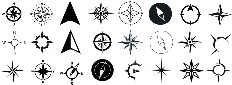 nautical compass navigation icons set. Perfect for marine, sailing, travel themes. 24 black symbols isolated on white background. From simple arrows to complex geometric patterns, find your direction