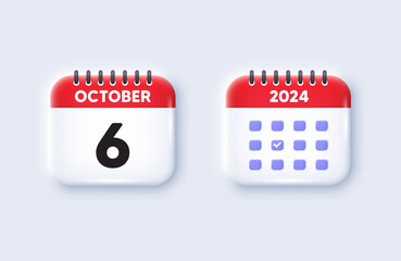 Calendar date 3d icon. 6th day of the month icon. Event schedule date. Meeting appointment time. 6th day of October month. Calendar event reminder date. Vector