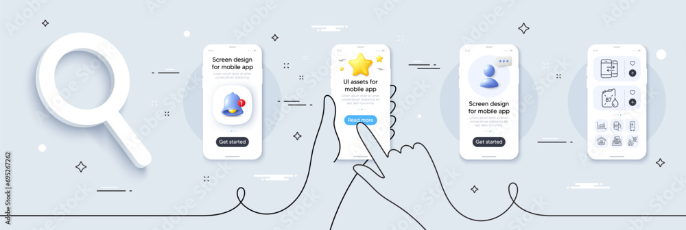 Poster graph, computer fingerprint and phone communication line icons pack. phone screen mockup with 3d sta